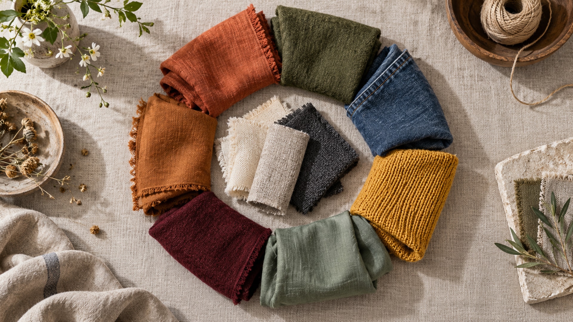 Circle of folded terracotta, olive, indigo, mustard, sage, burgundy, and ochre fabrics around neutral swatches.