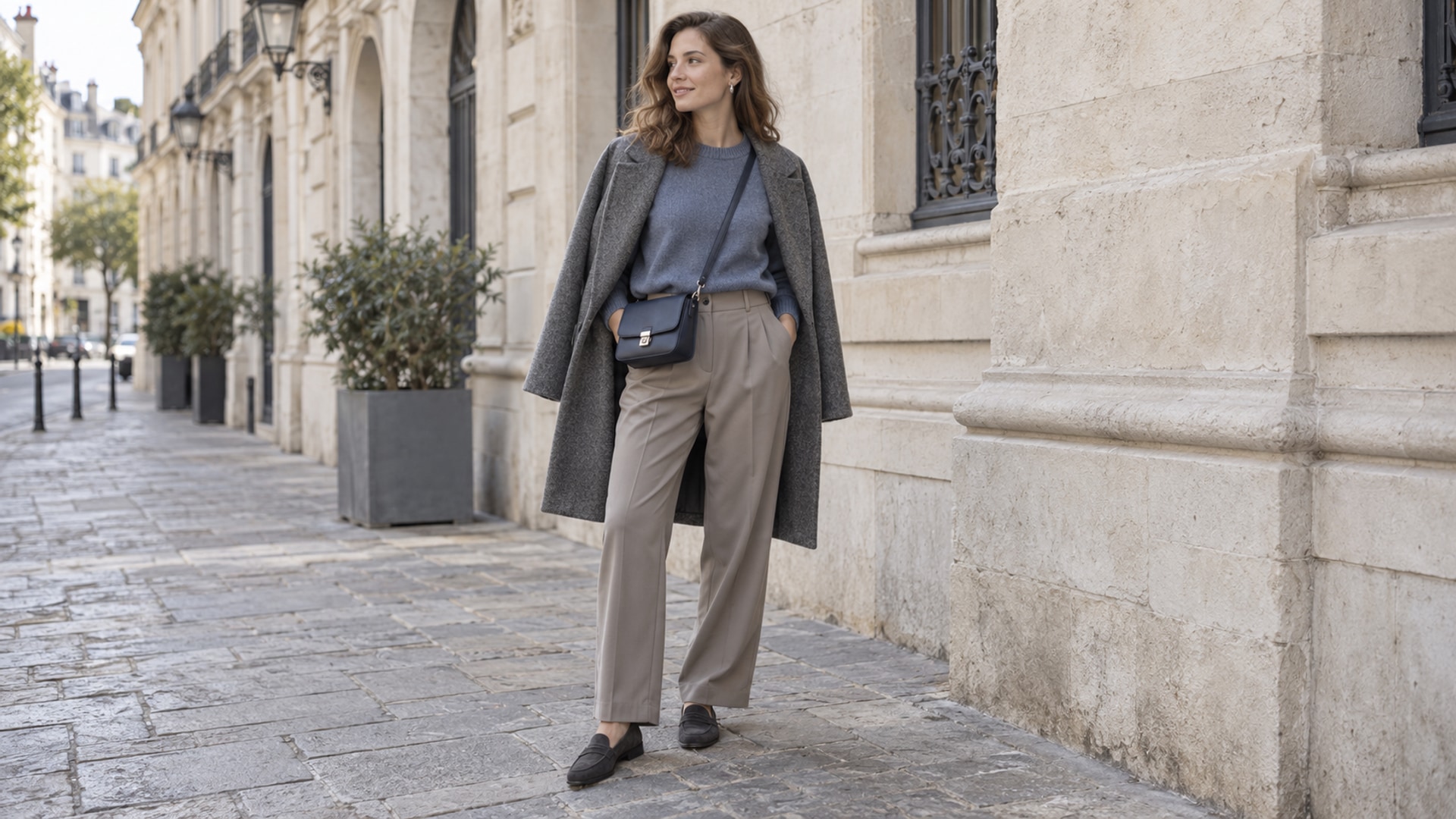 A woman in a slate-blue sweater, cool taupe trousers, smoky gray coat, navy bag, and gray loafers on a stone street.