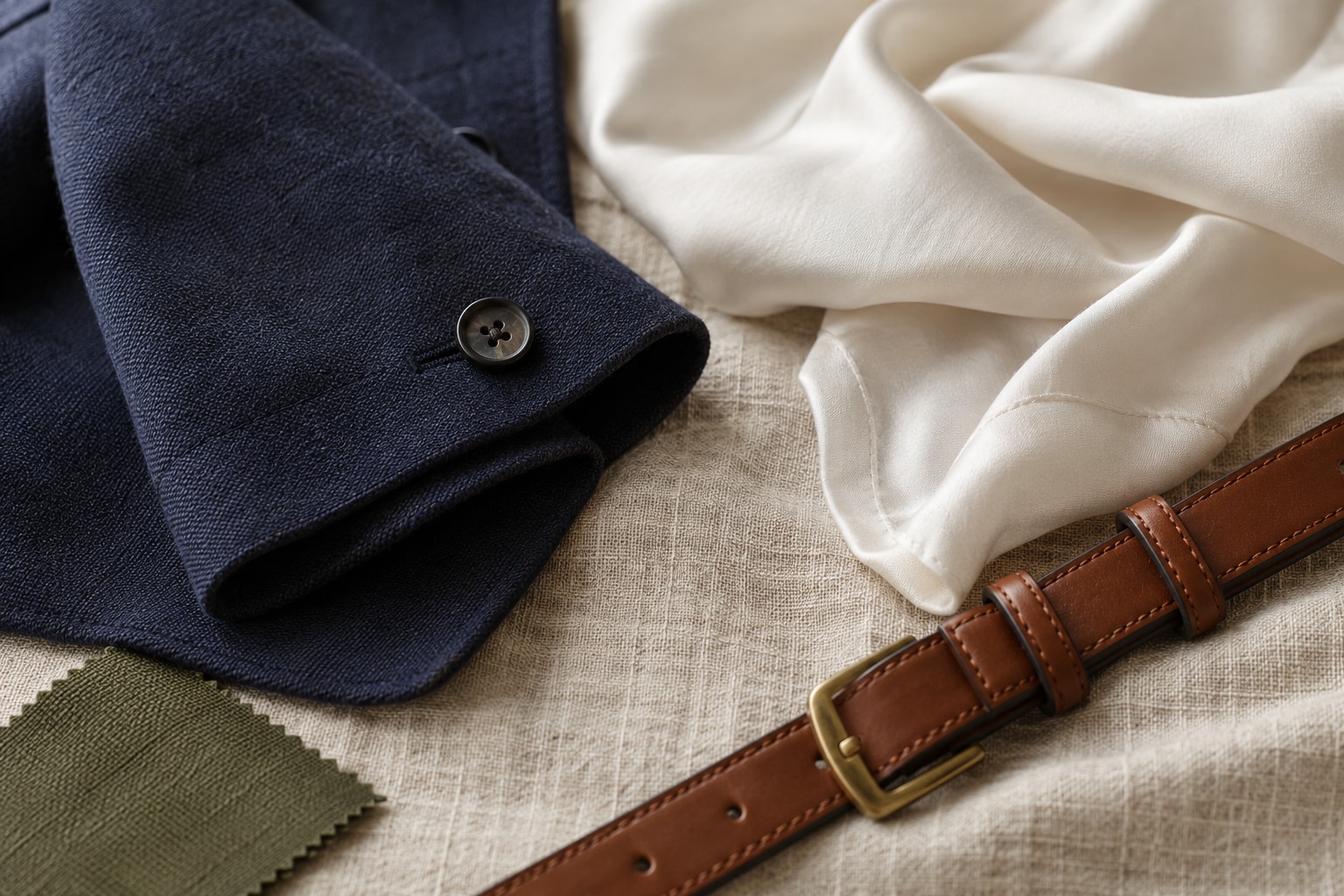 Close detail of navy wool, ivory silk, an olive swatch, and a cognac leather belt on linen.