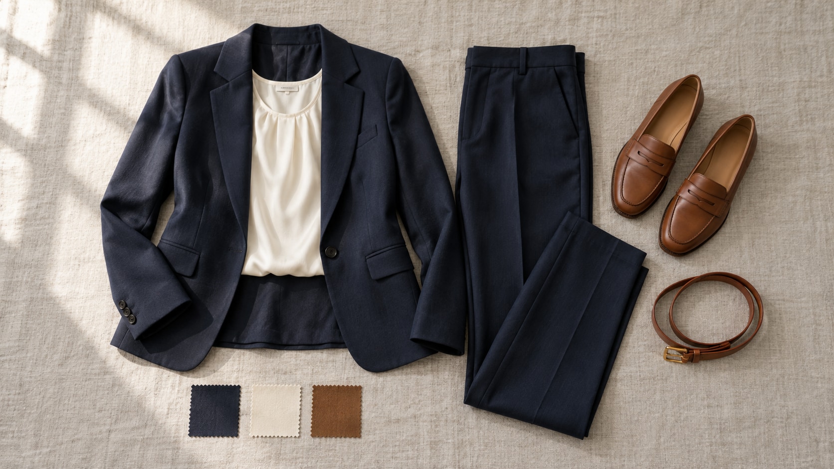 Navy blazer and trousers, ivory top, cognac loafers and a belt arranged with three matching fabric swatches.