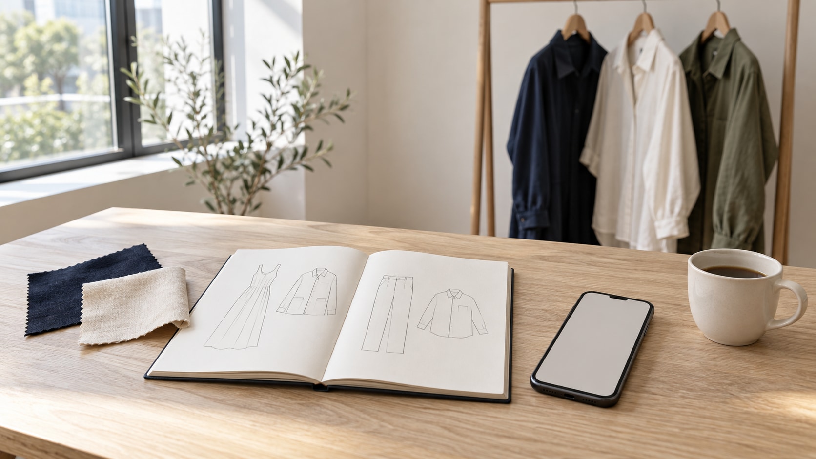 Wardrobe sketches, fabric swatches, a phone, and coffee on an oak desk beside a rack of navy, ivory, and olive clothing.