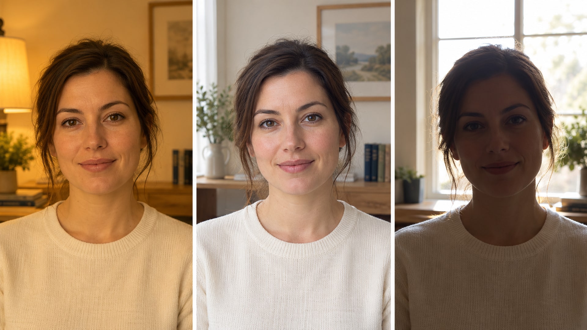 Three portraits of the same person: yellow indoor light on the left, soft daylight in the center, and strong backlight on the right.