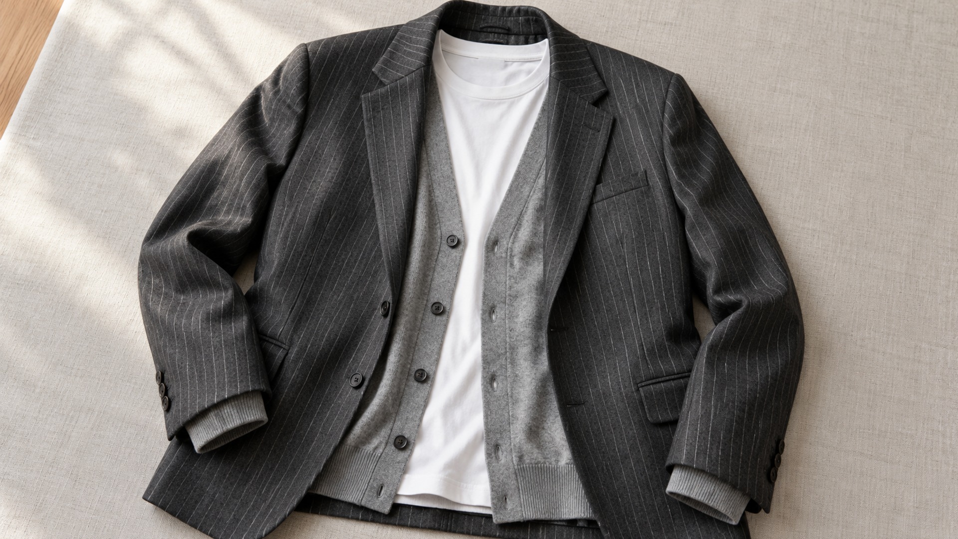 A white crewneck tee beneath an open gray cardigan and a charcoal pinstripe blazer, with the three necklines and fabrics visible.