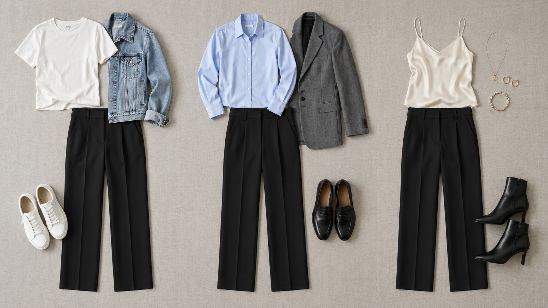 Three outfit combinations side by side using the same black tailored trousers for casual, work, and evening looks.