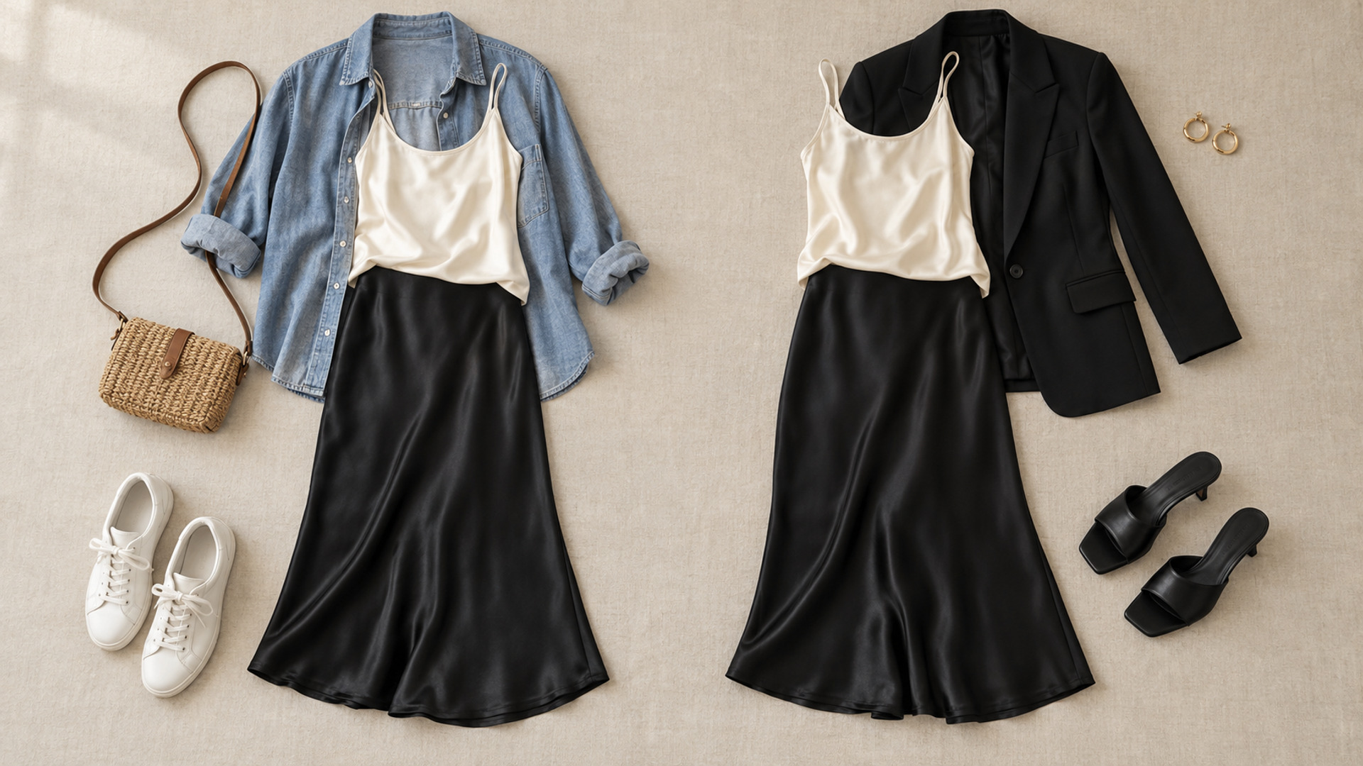 The same ivory top and black midi skirt styled with sneakers and a blue shirt for daytime, then black mules and a blazer for evening.