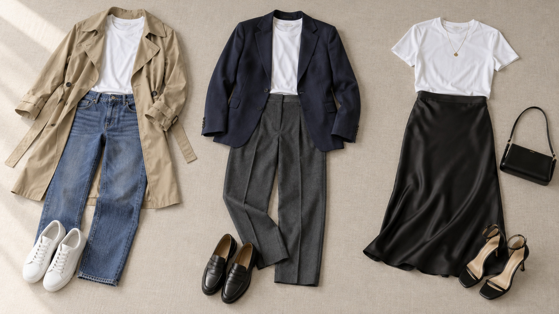 Three flat-lay outfits pair a white T-shirt with jeans and a trench, trousers and a blazer, or a black midi skirt.
