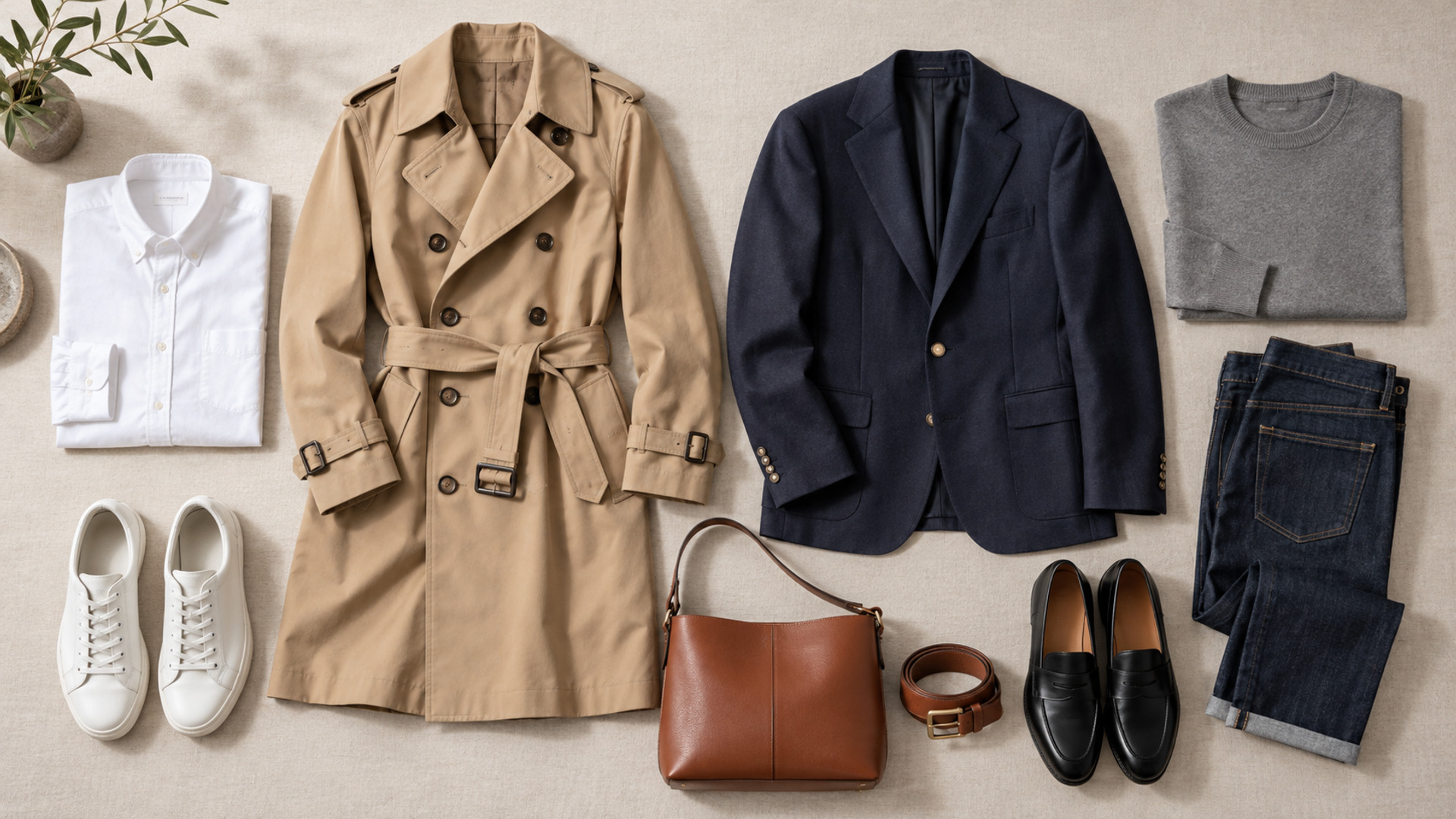 A flat lay of a trench coat, navy blazer, white shirt, dark jeans, knit, shoes, belt, and leather bag.