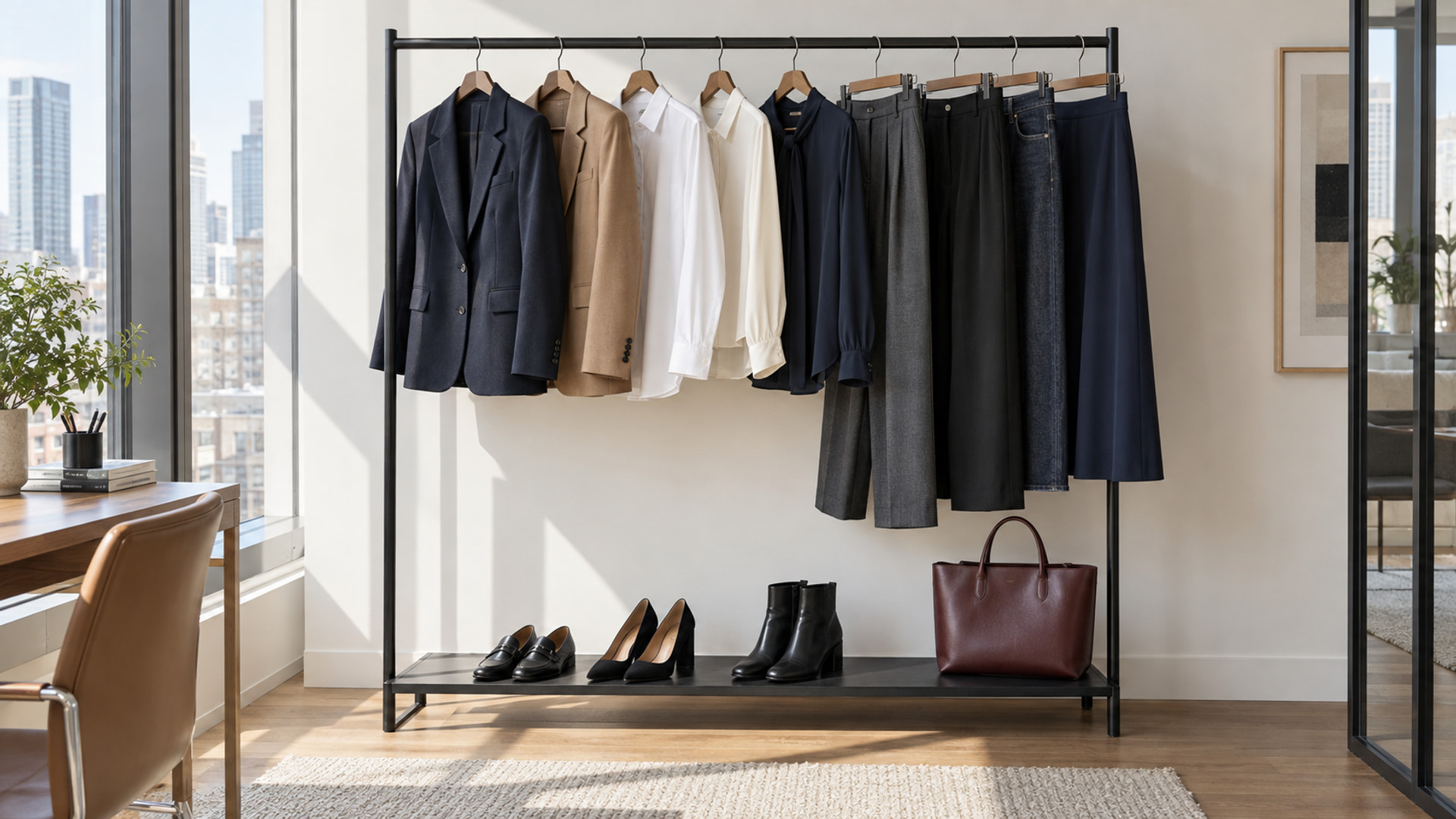 A navy and camel work wardrobe on a black rack, with tailored bottoms, office shoes, and a burgundy tote.
